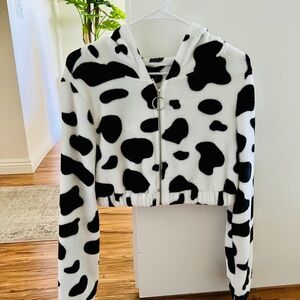 Shein Cow Pattern Zip Up Hooded Teddy Jacket Size Large